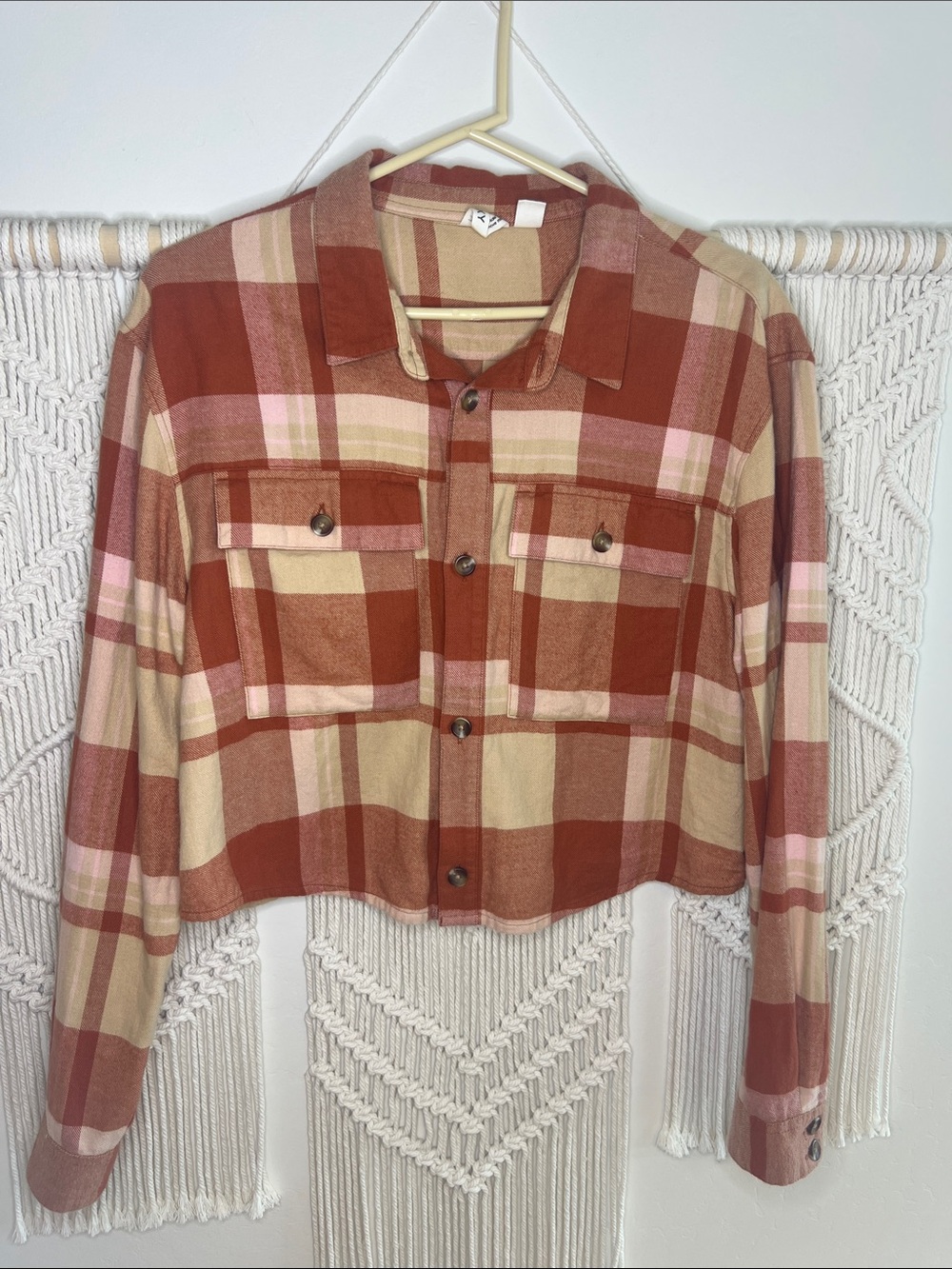 Roxy Cropped Plaid Jacket in Rust, Cream & Pink